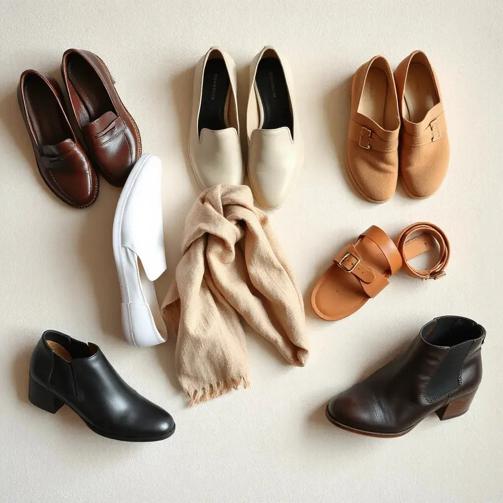 A curated flat-lay of clean shoes for work, weekends, and events on a neutral background