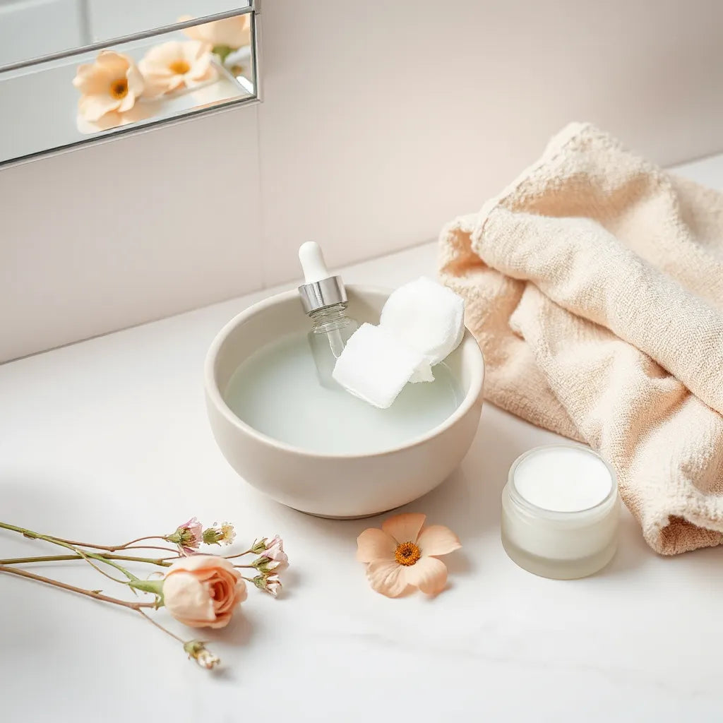 Soothing skincare products on a clean vanity with cotton pads and soft, calm lighting