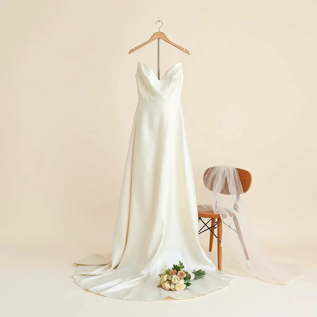 Satin bridal gown with elegant drape on a garment stand in soft, minimal studio lighting