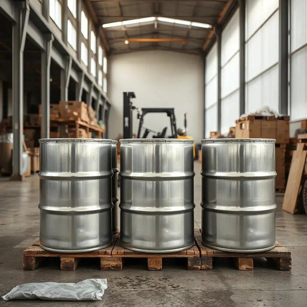 High-capacity steel industrial drums on pallets in a warehouse with a forklift nearby