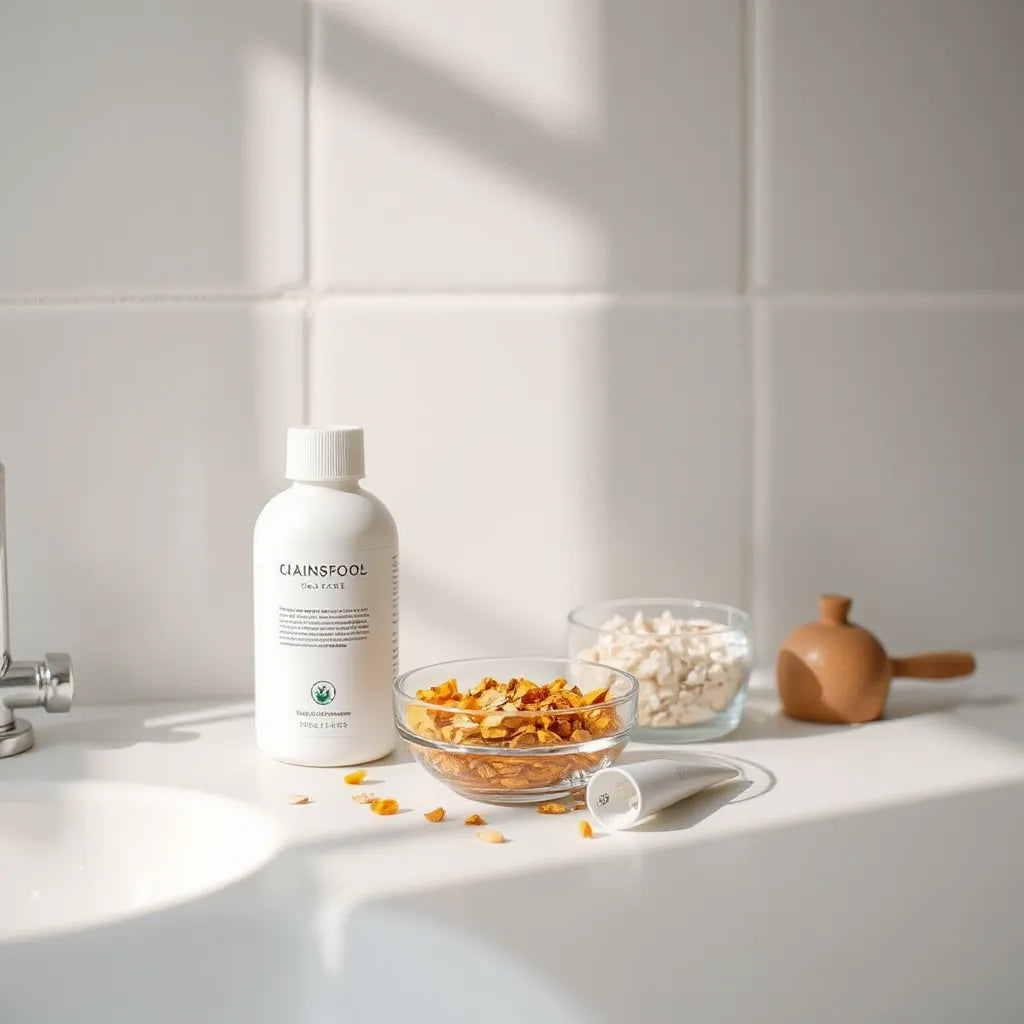 Minimal skincare items with oatmeal and calendula on a clean counter for gluten-free skin routines