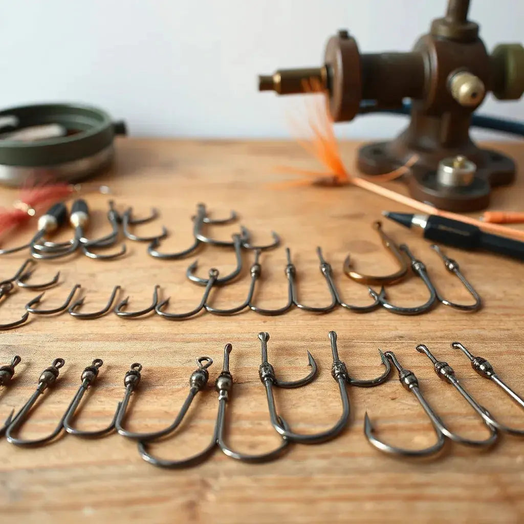 Assorted big game fly hooks and a streamer fly on a tidy workbench