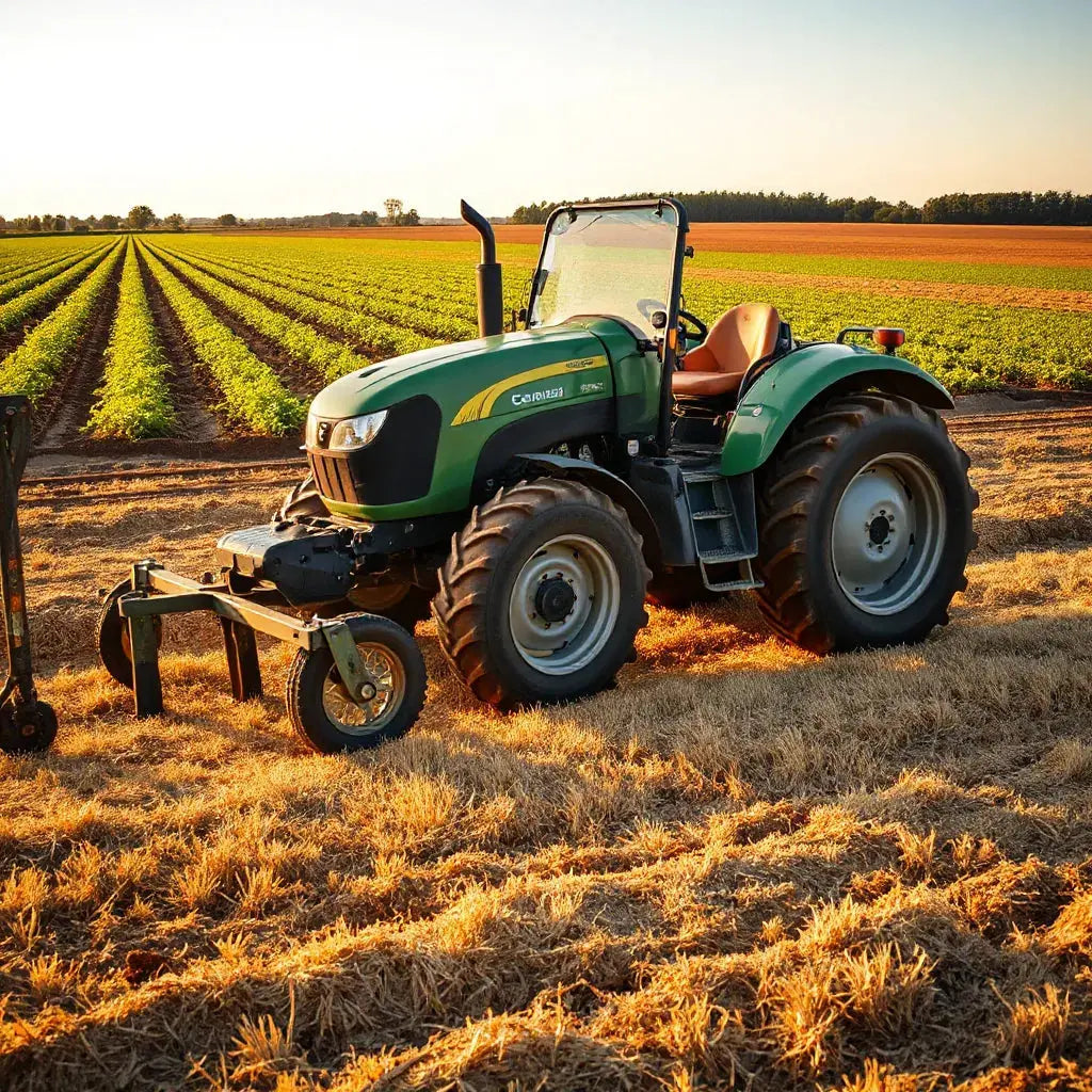Well-maintained tractor and farming implements parked beside cultivated field rows