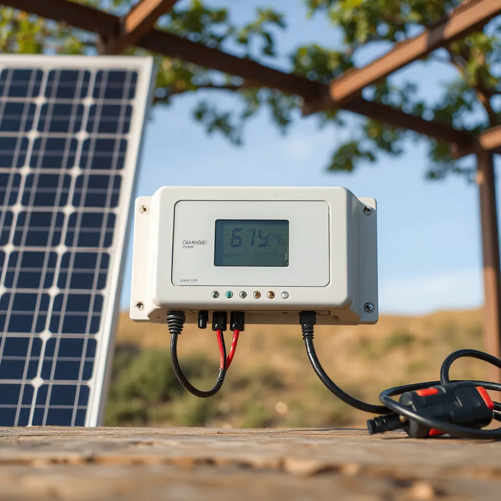 Compact solar charge controller with connected wiring next to a small solar panel