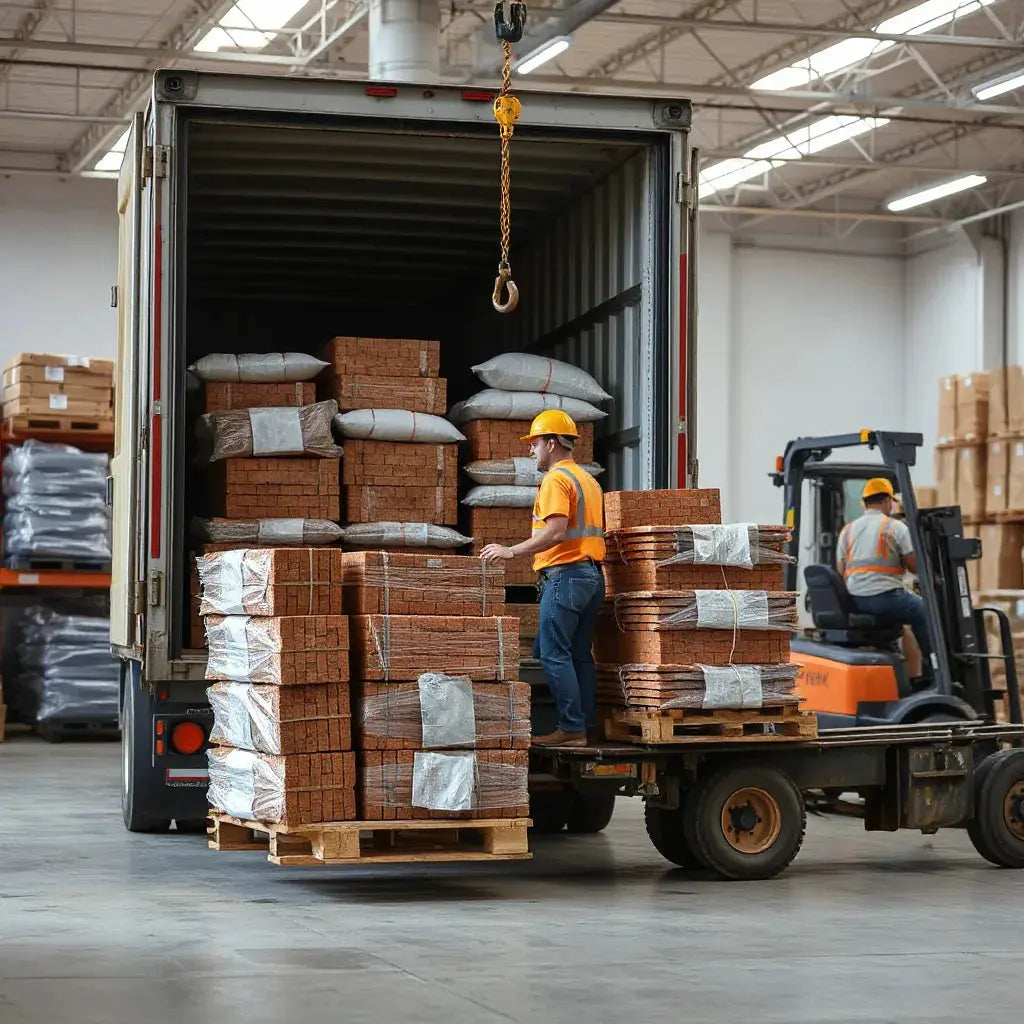 Warehouse staff loading palletized construction materials onto a delivery truck