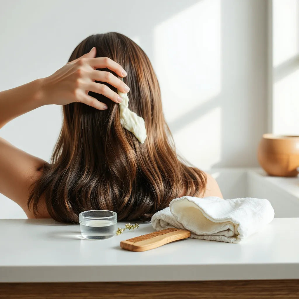 Person applying a creamy hair mask with vegan-friendly botanical ingredients and a wooden comb