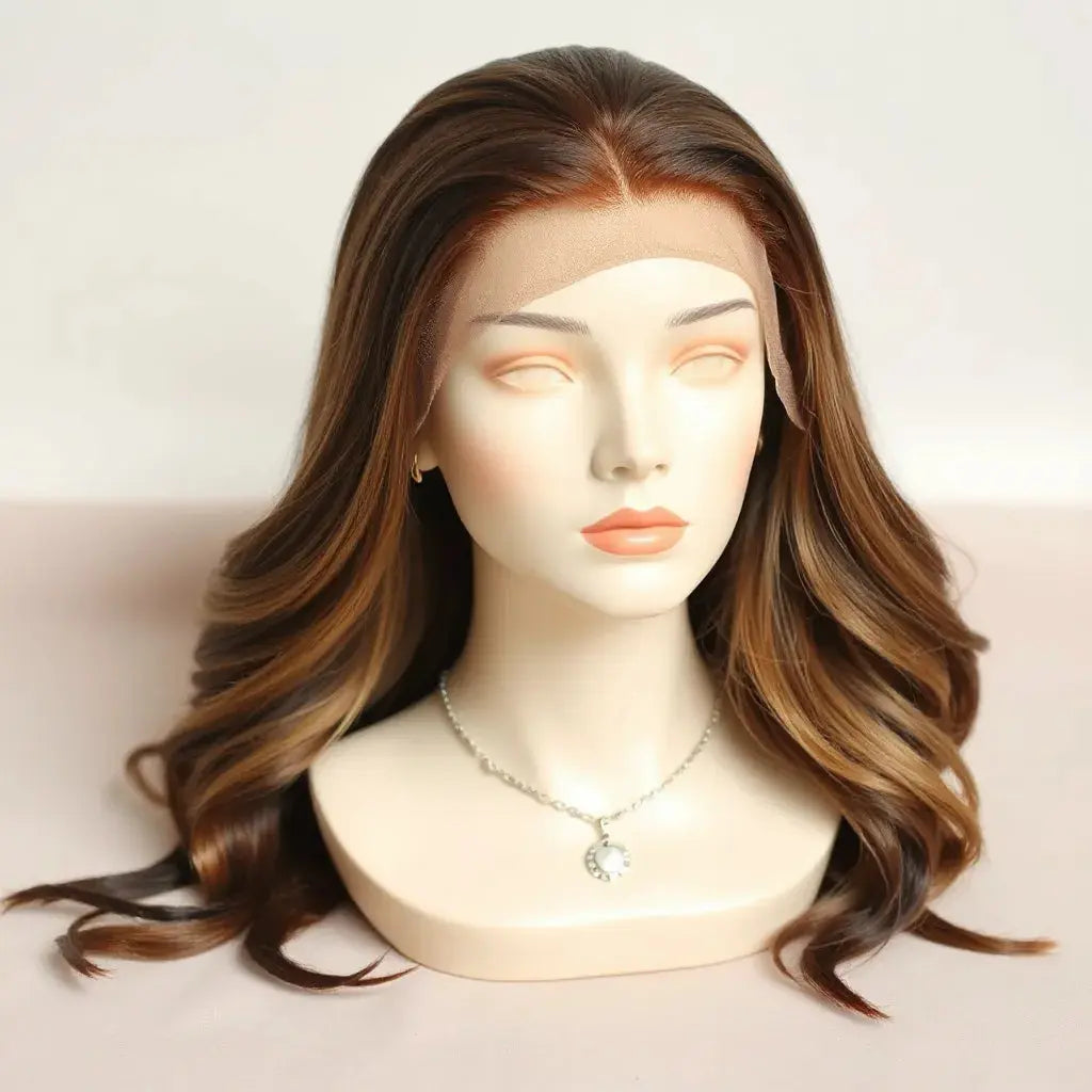 Lace frontal color wig on a mannequin with a natural hairline and blended colored strands