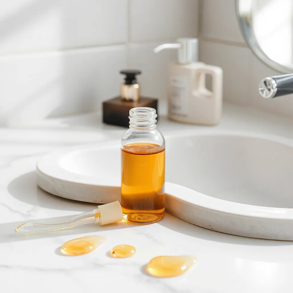Glass dropper bottle with golden serum and minimal skincare essentials on a clean vanity