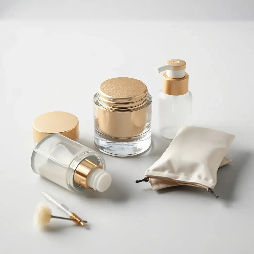 Elegant cosmetic jar and glass bottle with premium metallic accents on a clean neutral background