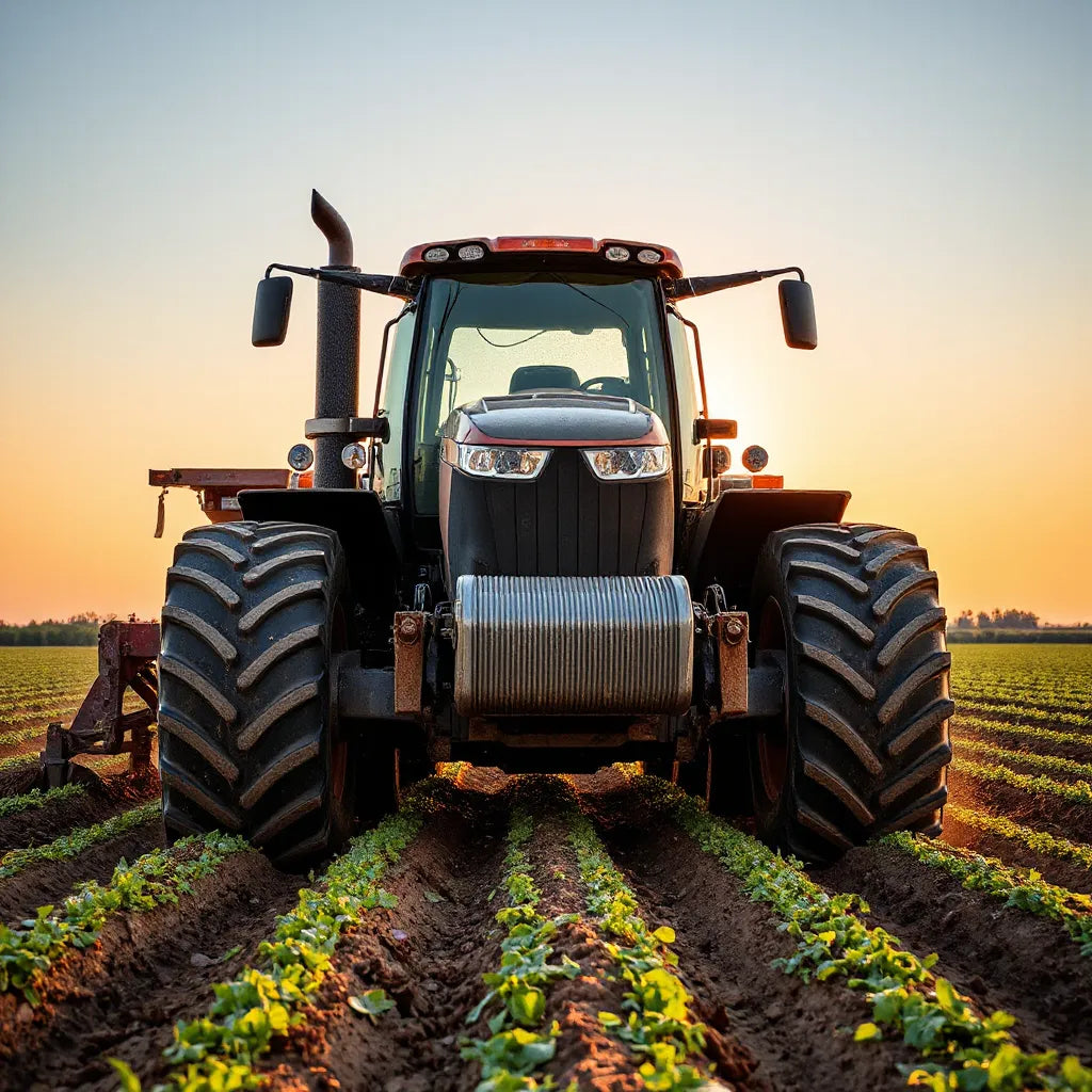 Rugged tractor with plow working a field, showing large tires and hydraulic arms