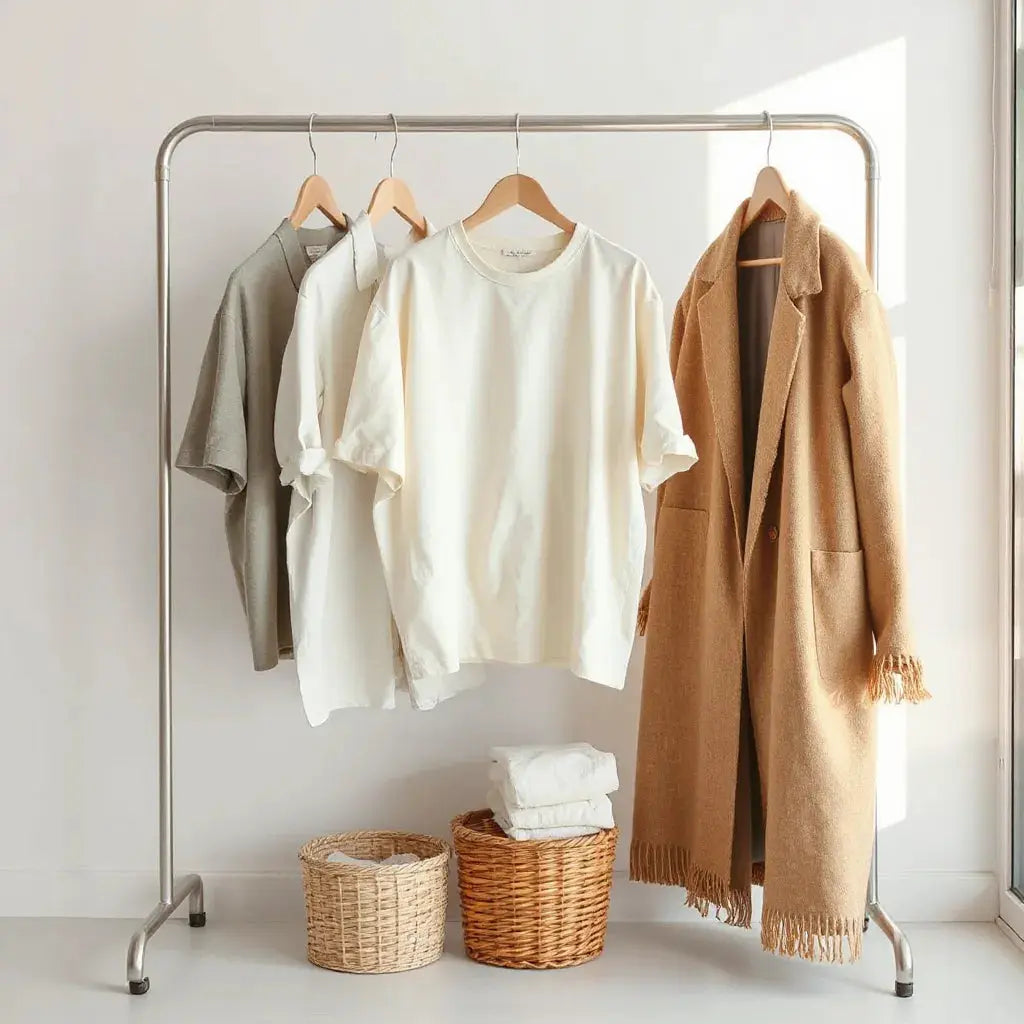 Neutrally toned sustainable garments on a clothing rack with soft natural light and folded fabrics nearby
