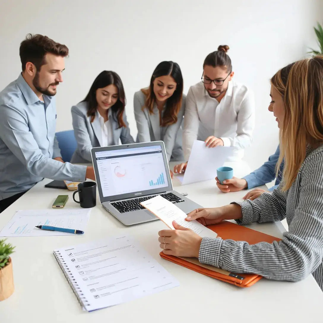 Business team reviewing sourcing documents and procurement checklist around a laptop in a modern office