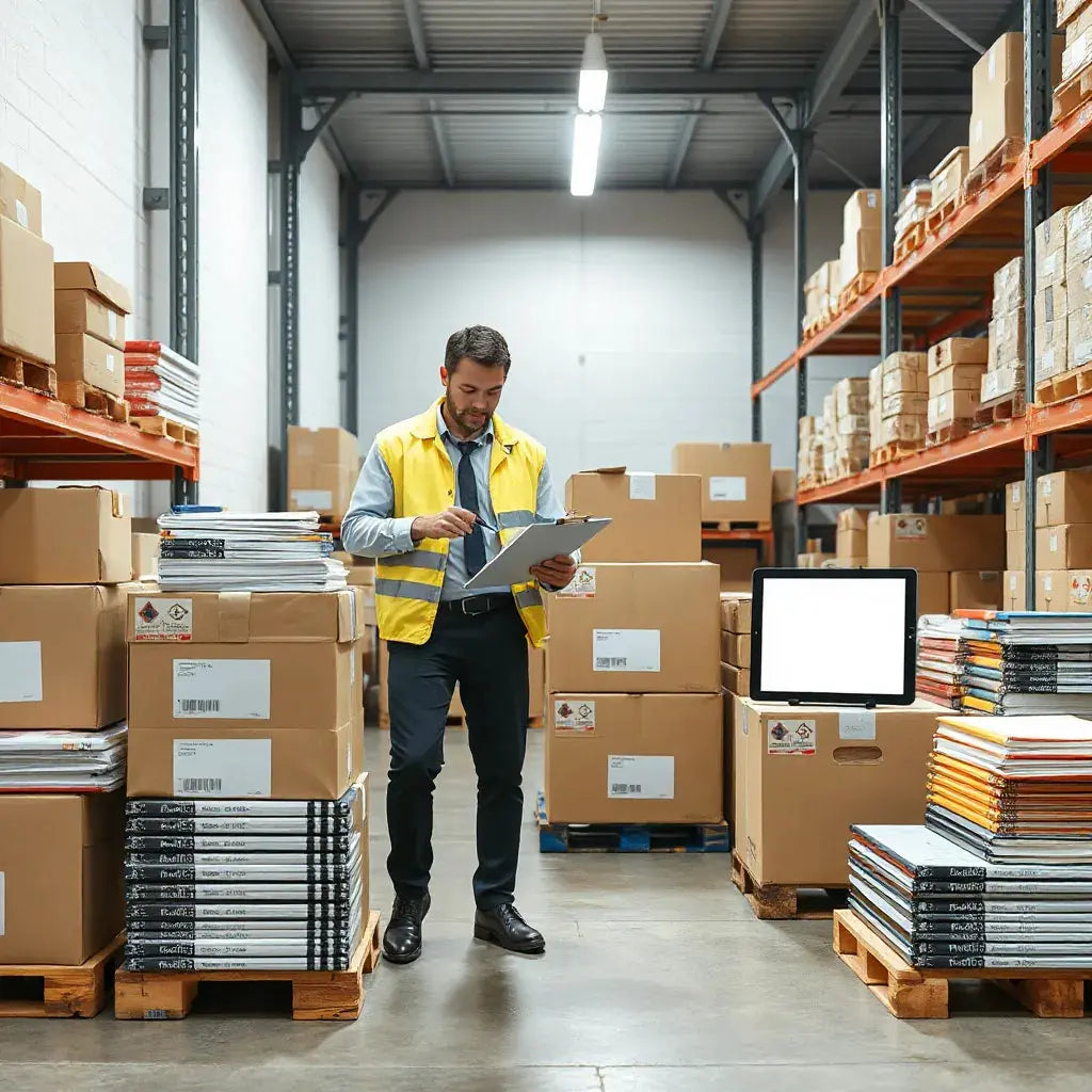 Logistics professional reviewing bundled school stationery supplies in an organized warehouse