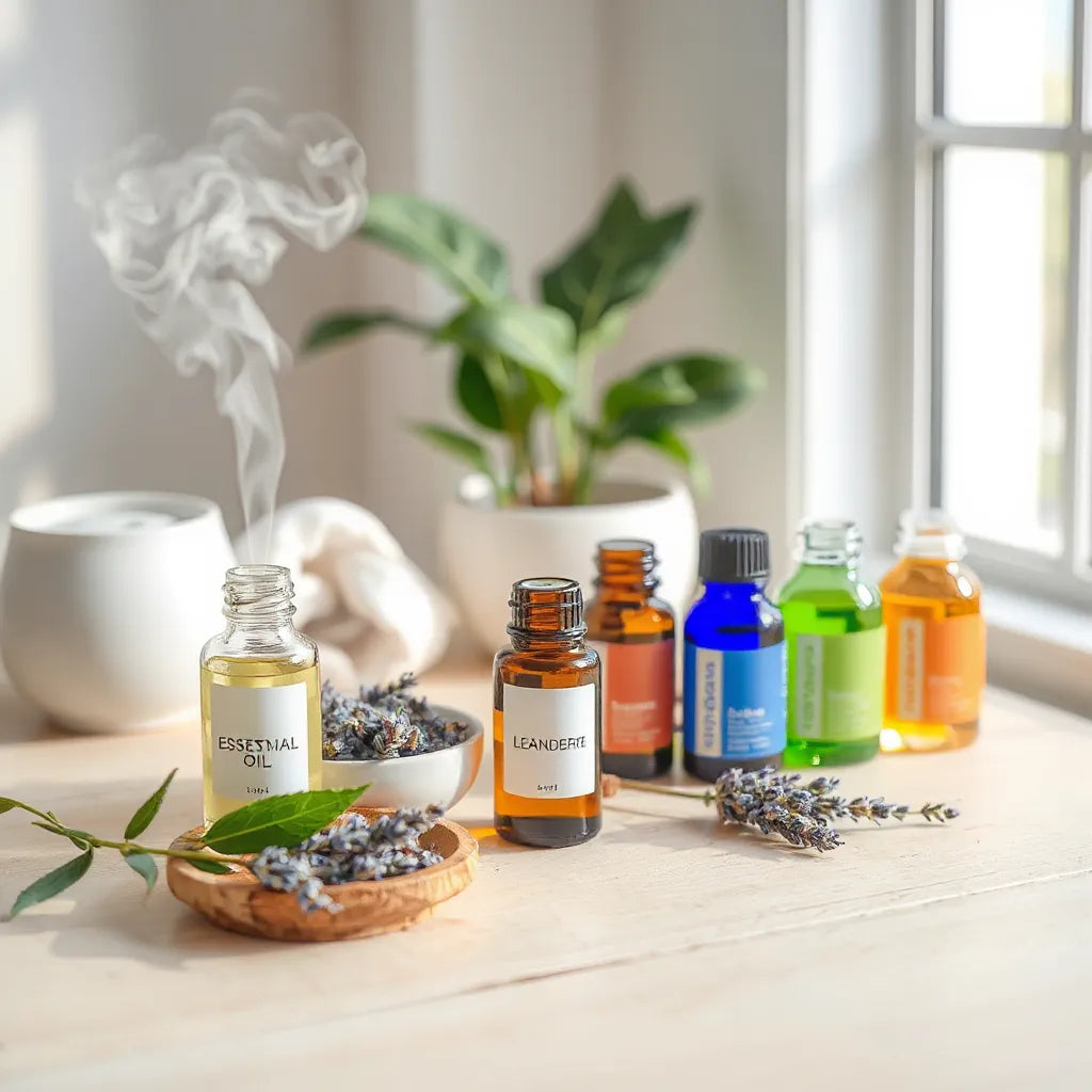 Essential oil dropper bottles beside a ceramic diffuser with subtle steam on a light wood surface