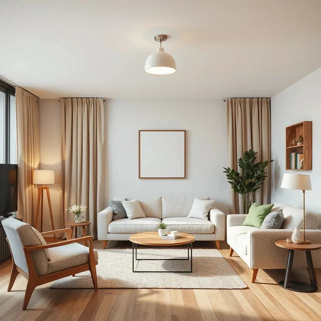 Warm ceiling and floor lighting in a modern living room with neutral furniture