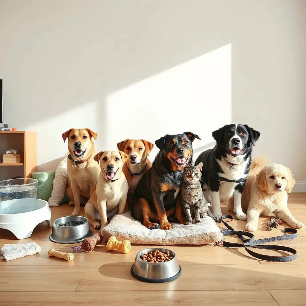 Assorted pet supplies for different dog breeds and a cat in a bright, tidy living room