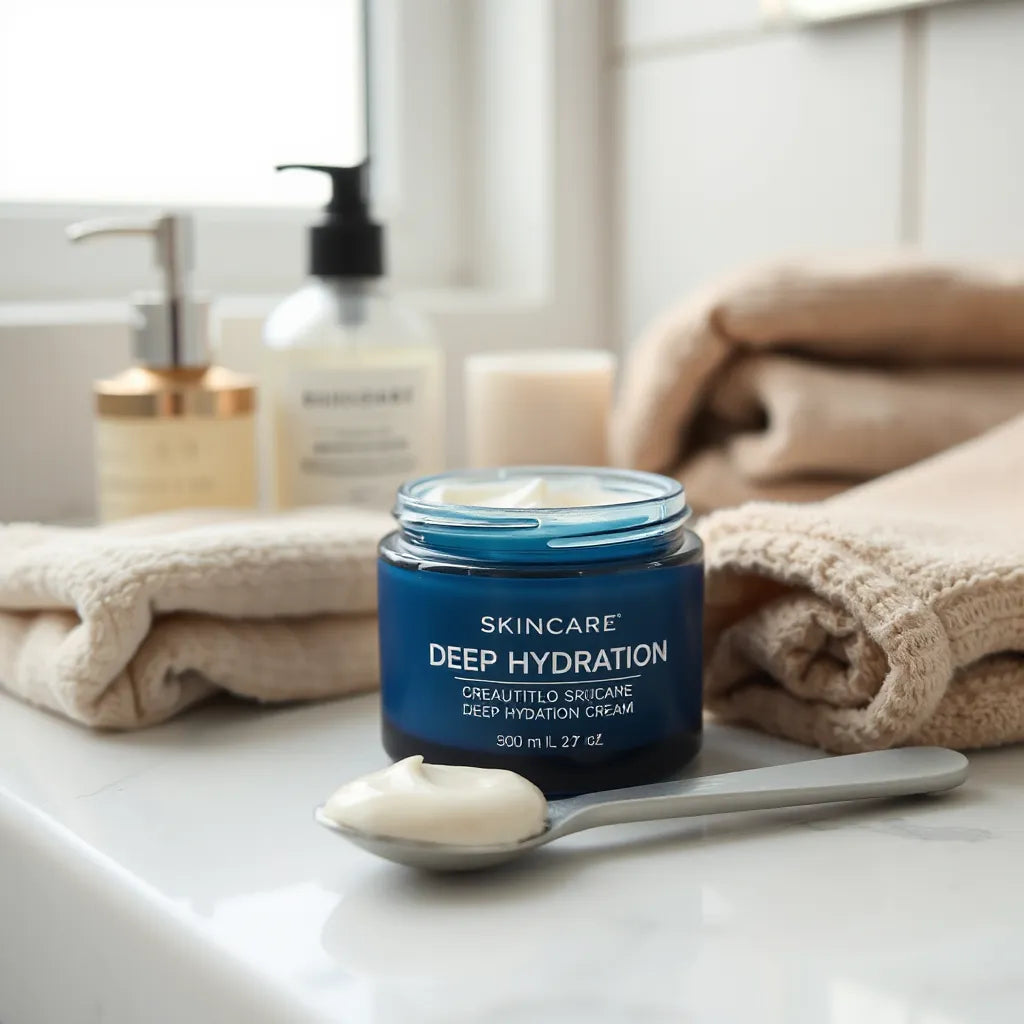 Jar of deep hydration cream with a small spatula and smooth cream texture on a clean vanity