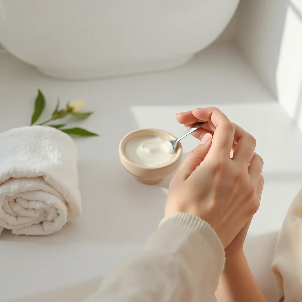Hands applying a creamy hydrating face mask beside a bowl of product in a bright bathroom