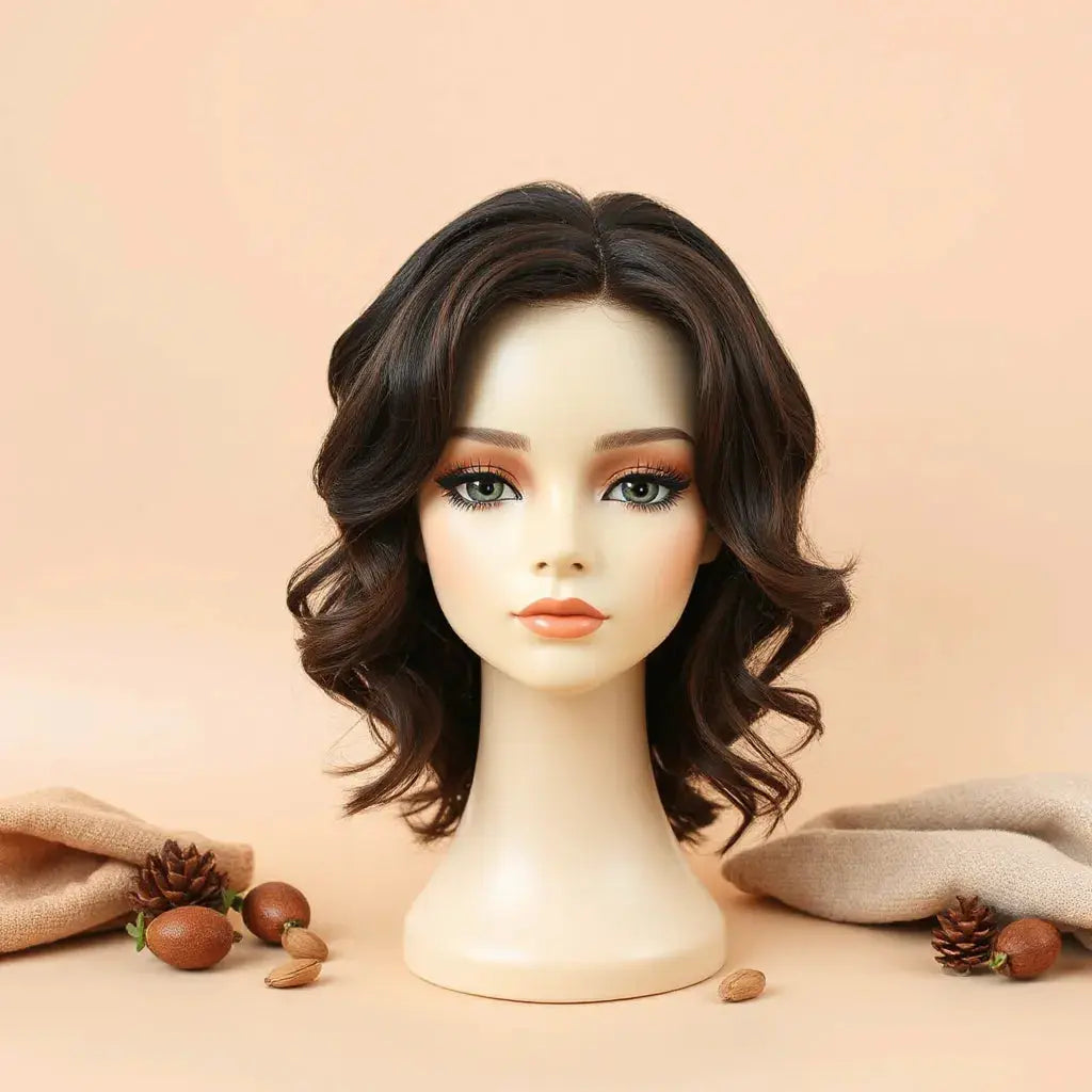 Mannequin head wearing a deep wave wig with soft cascading waves and blended hairline