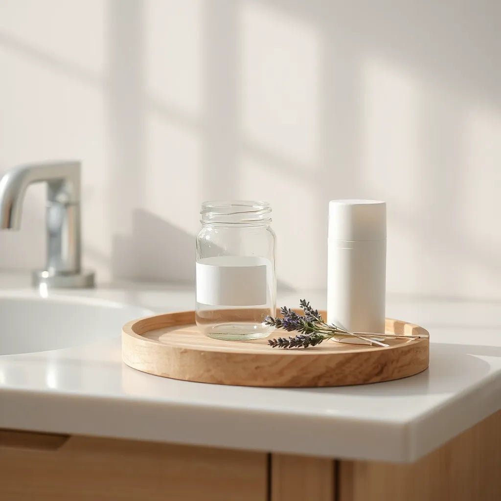 Minimal deodorant jar and fresh herb sprigs on a clean bathroom vanity under soft natural light