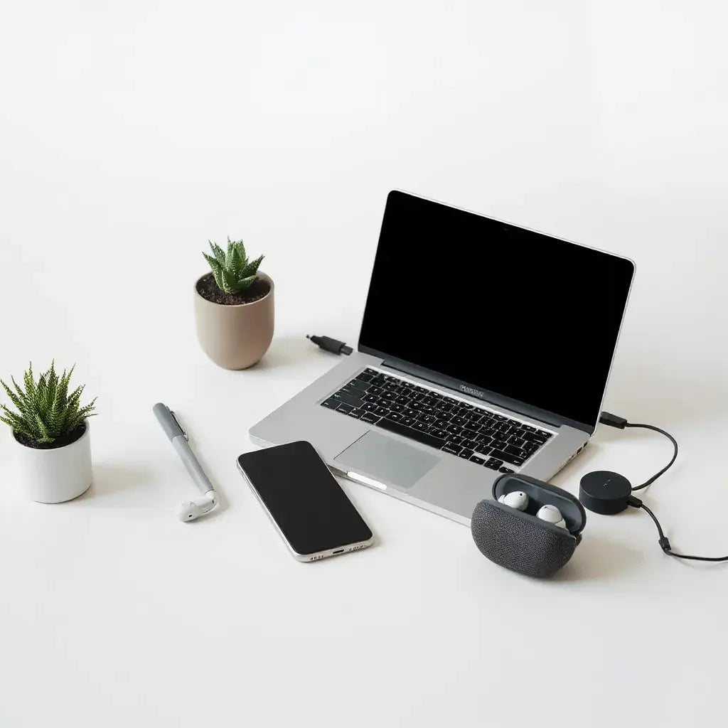 Modern desk with a laptop, smartphone, charging hub, earbuds, and compact smart speaker