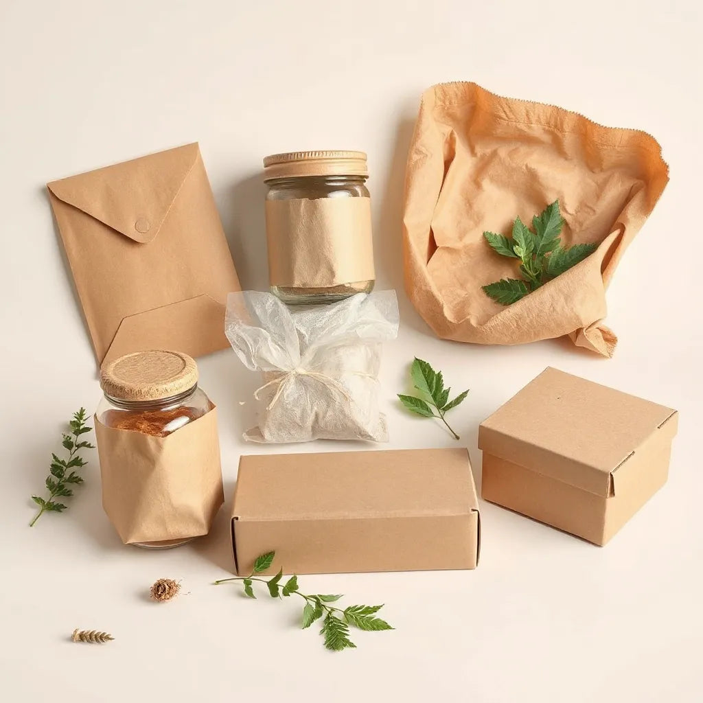Assorted eco-friendly packaging materials including kraft paper mailers and reusable containers on a clean background