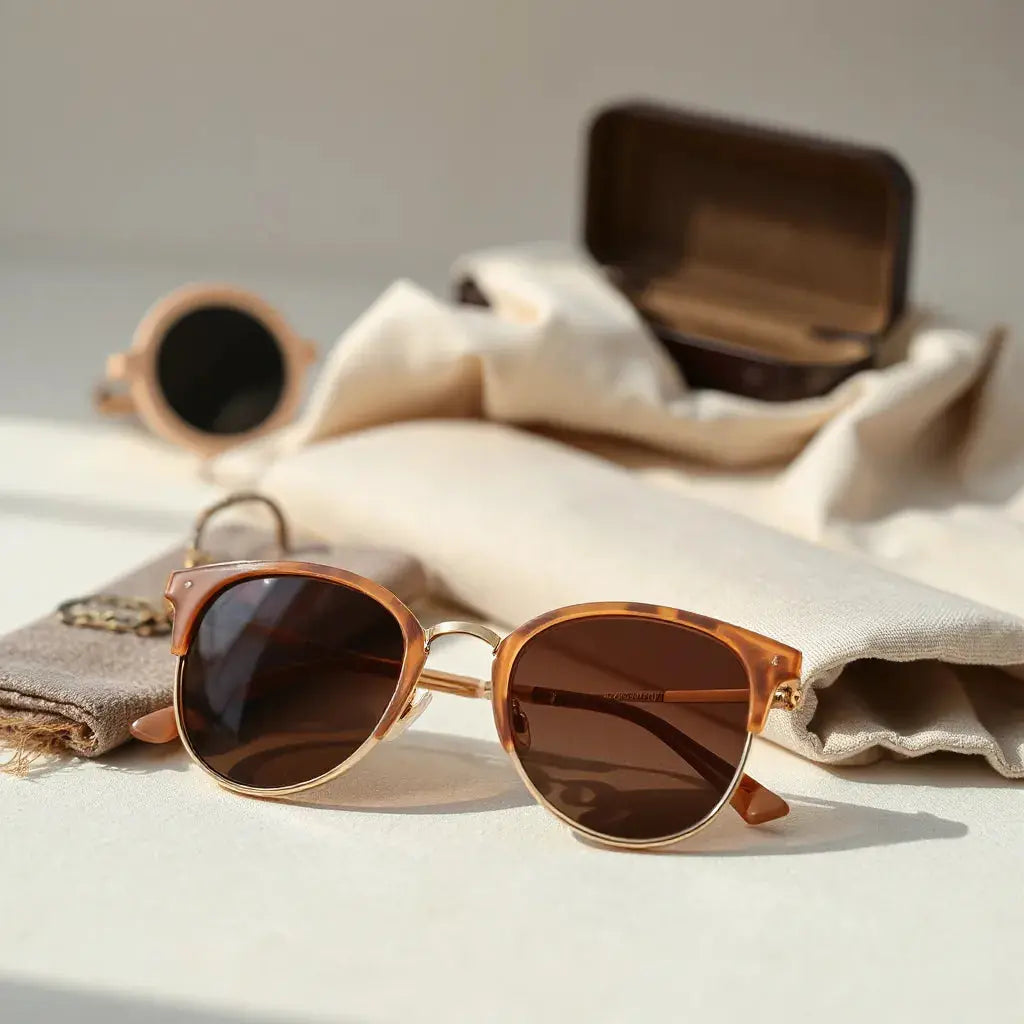 Stylish pair of women’s sunglasses with a case on a minimal neutral background