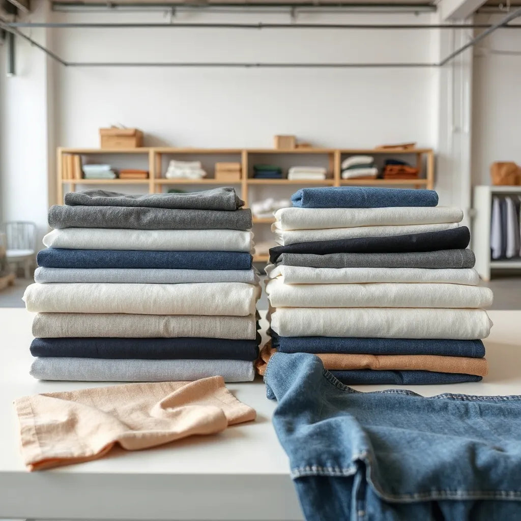 Neatly arranged fabric swatches and folded textile bolts on a clean worktable