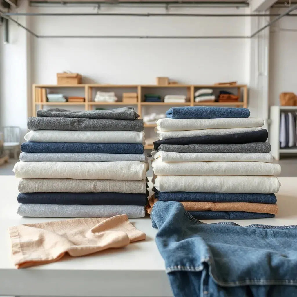 Neatly arranged fabric swatches and folded textile bolts on a clean worktable