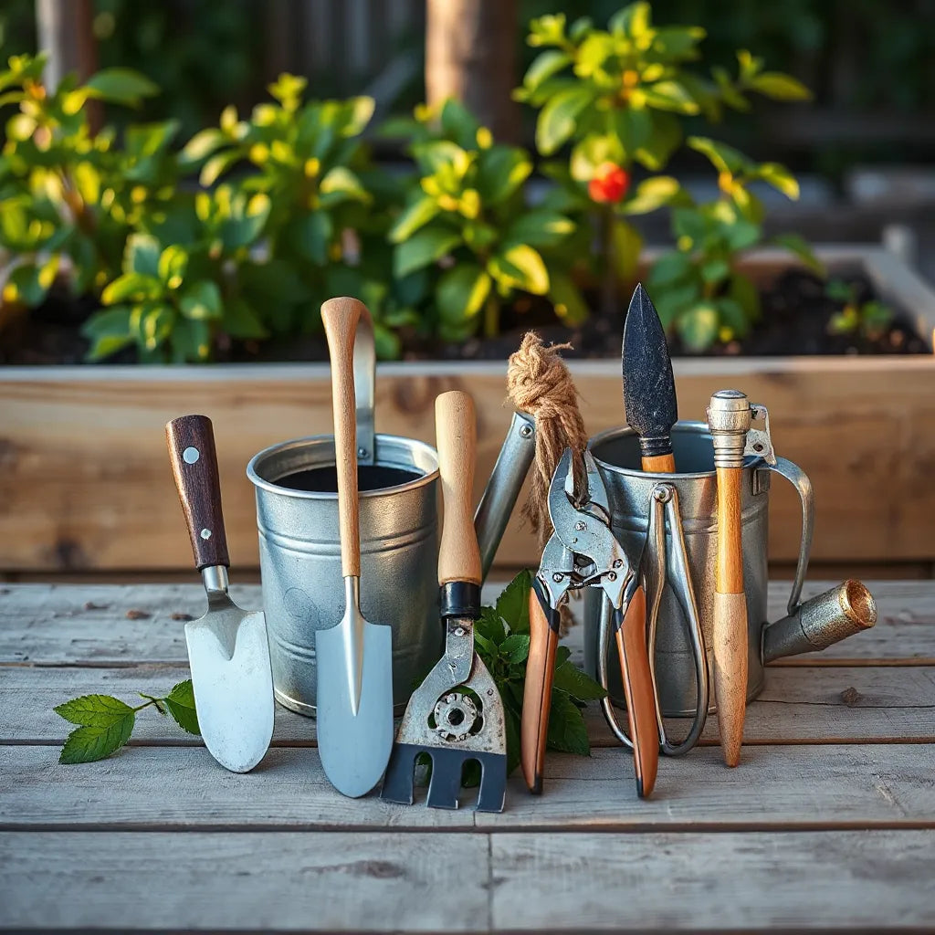 Sturdy hand trowel, pruners, fork, and watering can arranged on a wooden bench beside green garden beds
