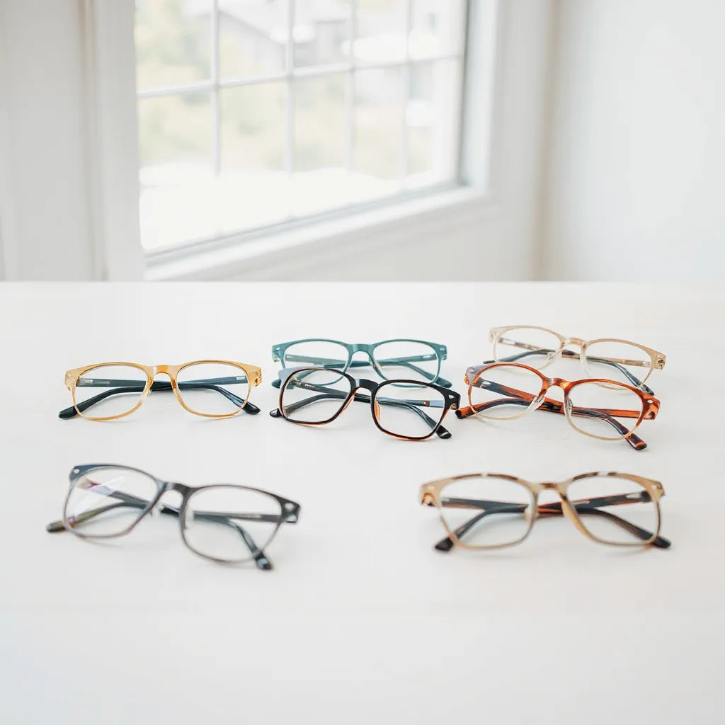 Assorted modern eyeglass frames in varying shapes and colors arranged on a light tabletop
