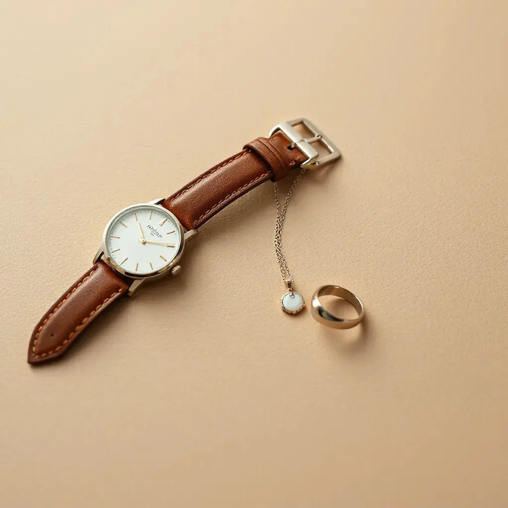 Minimal watch and matching pendant necklace on a neutral leather surface with soft studio lighting