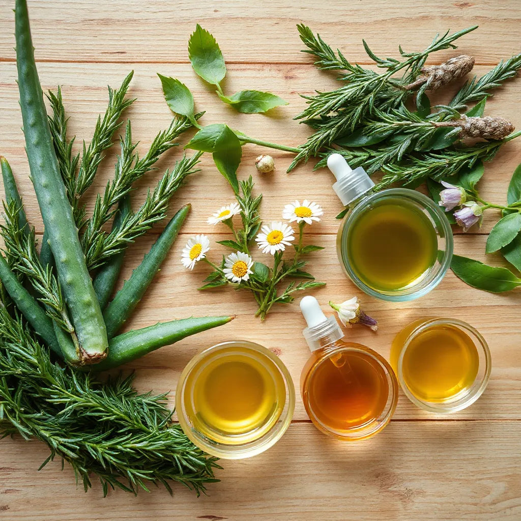Fresh aloe vera, rosemary, green tea leaves, and chamomile flowers with natural extracts in small glass bowls