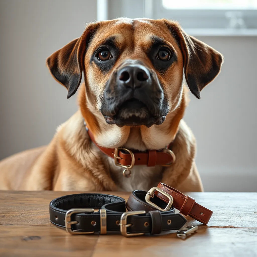 Dog wearing a custom leather collar with a tag, with other collar styles neatly laid out nearby