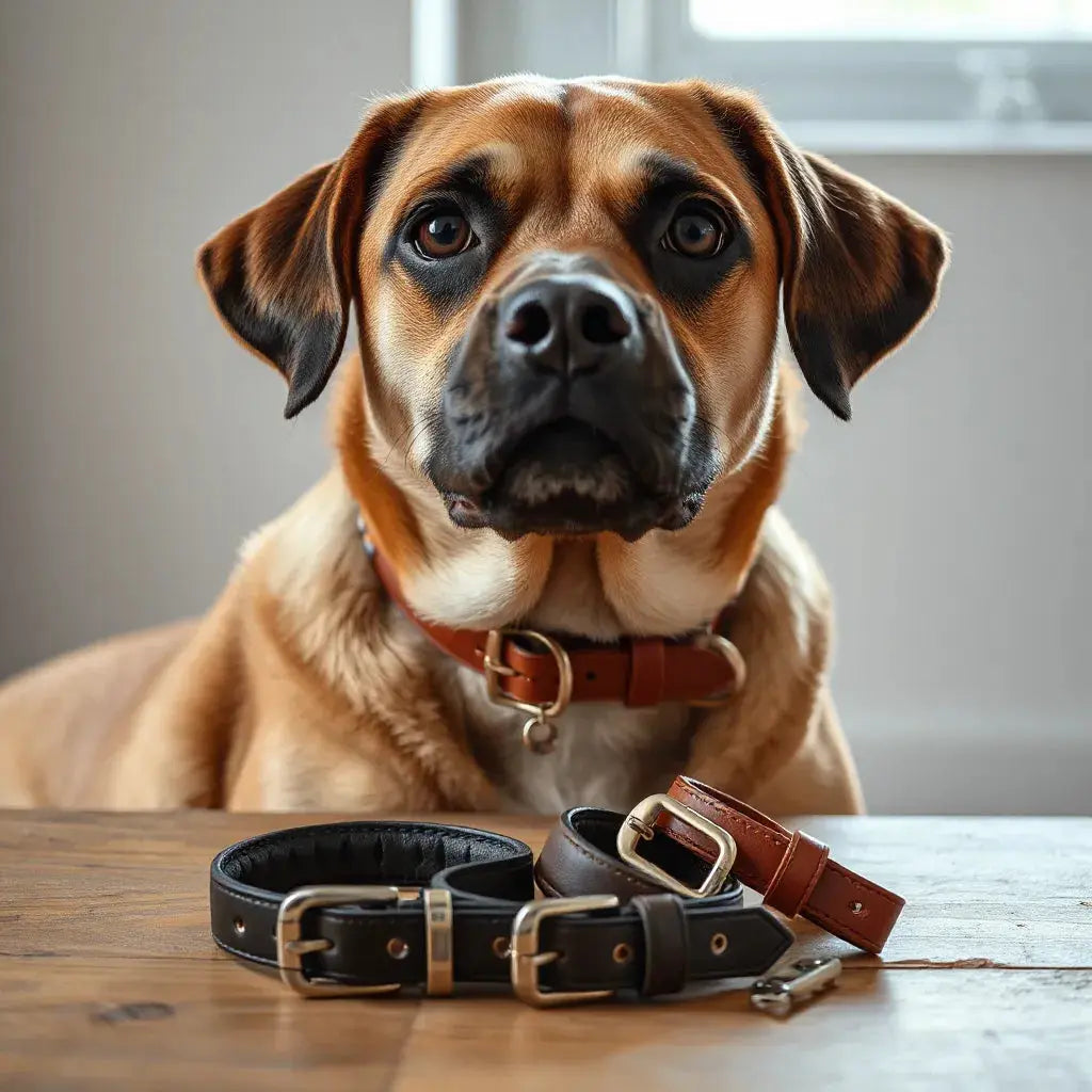Dog wearing a custom leather collar with a tag, with other collar styles neatly laid out nearby