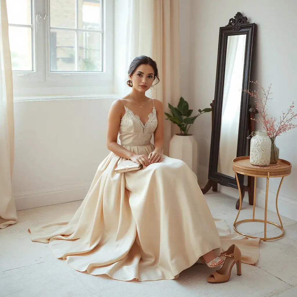 Bride in an elegant satin evening dress with delicate details, styled jewelry, and neutral softly lit backdrop