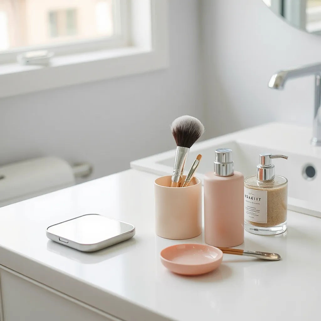Neatly arranged custom beauty accessories on a minimal vanity with soft natural light