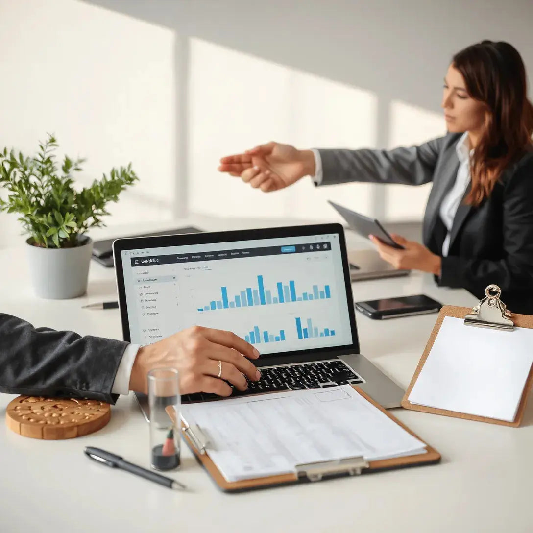Procurement manager reviewing supplier documents with a laptop dashboard and business handshake in the background