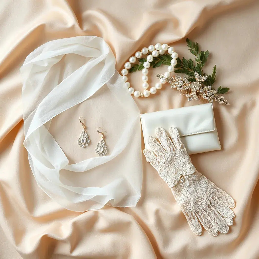 Veil, pearl jewelry, hair comb, and lace gloves arranged on satin for a wedding look