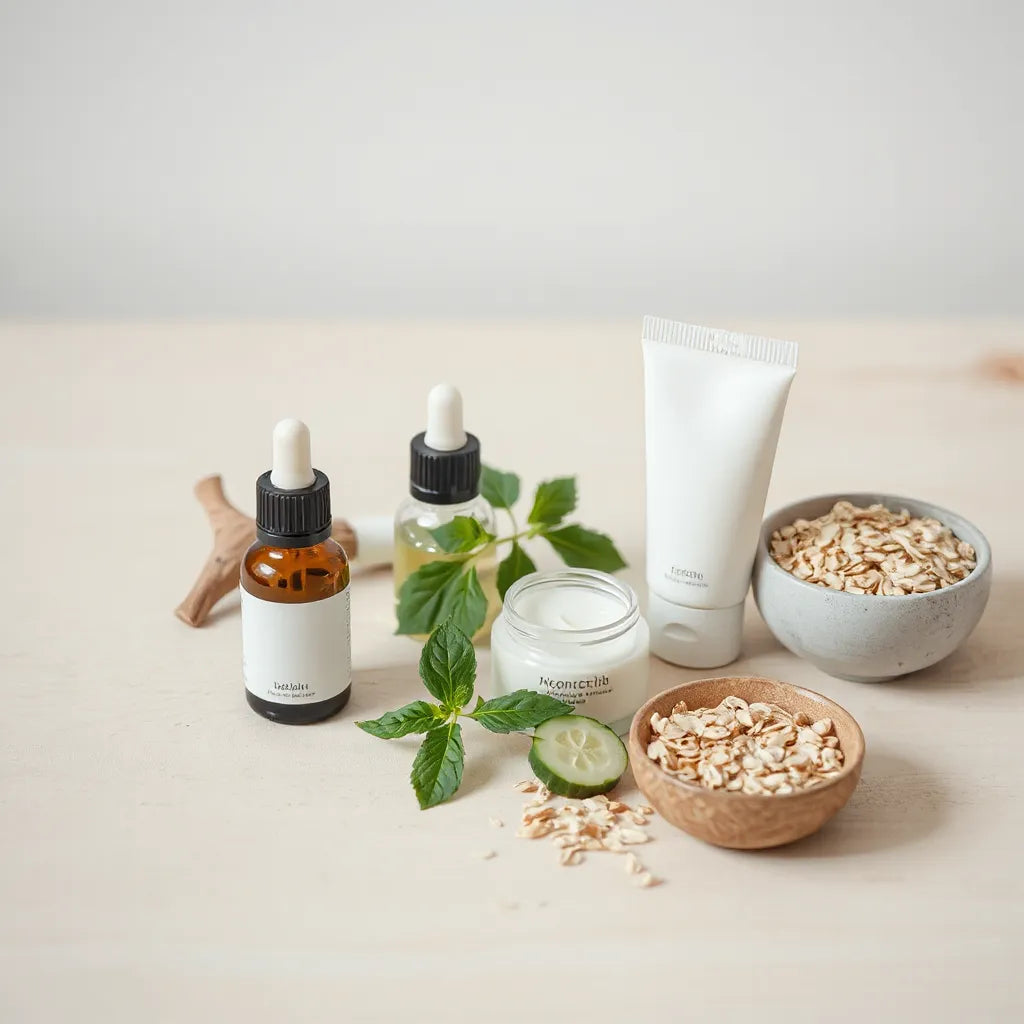 Organic skincare jars and dropper bottles with fresh green leaves and cucumber on a light wood surface