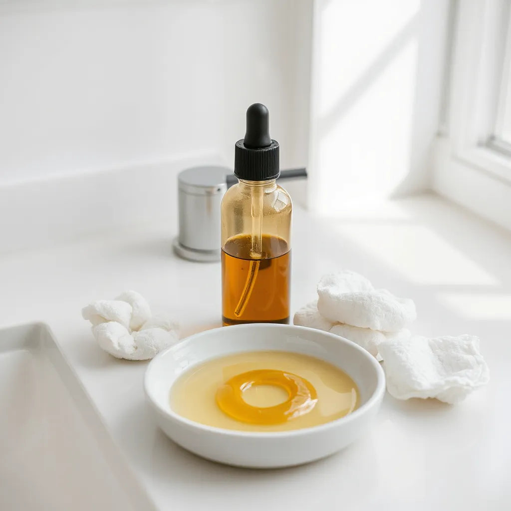 Glass bottle of facial cleansing oil and a small ceramic dish with glossy oil swirl on a clean counter
