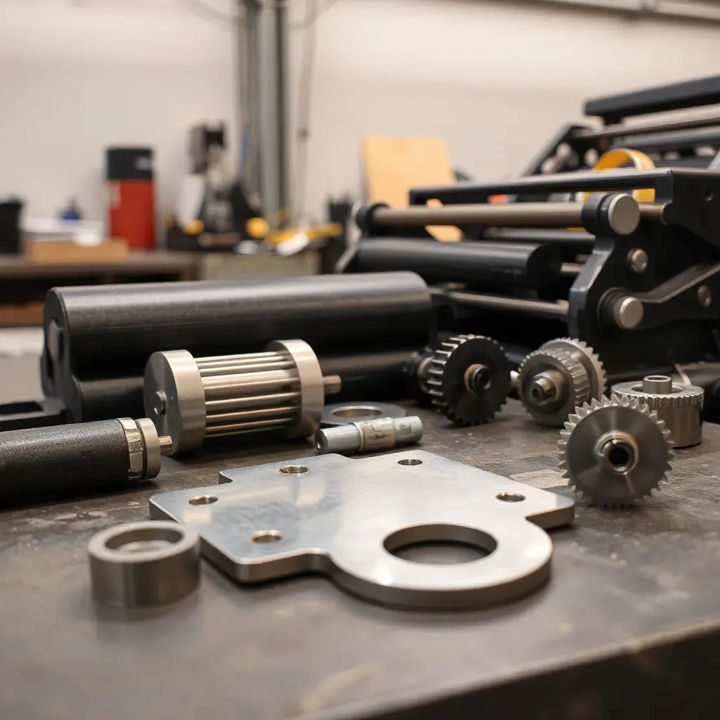 Offset printing press cylinders and ink rollers arranged on a clean workbench for part inspection and maintenance