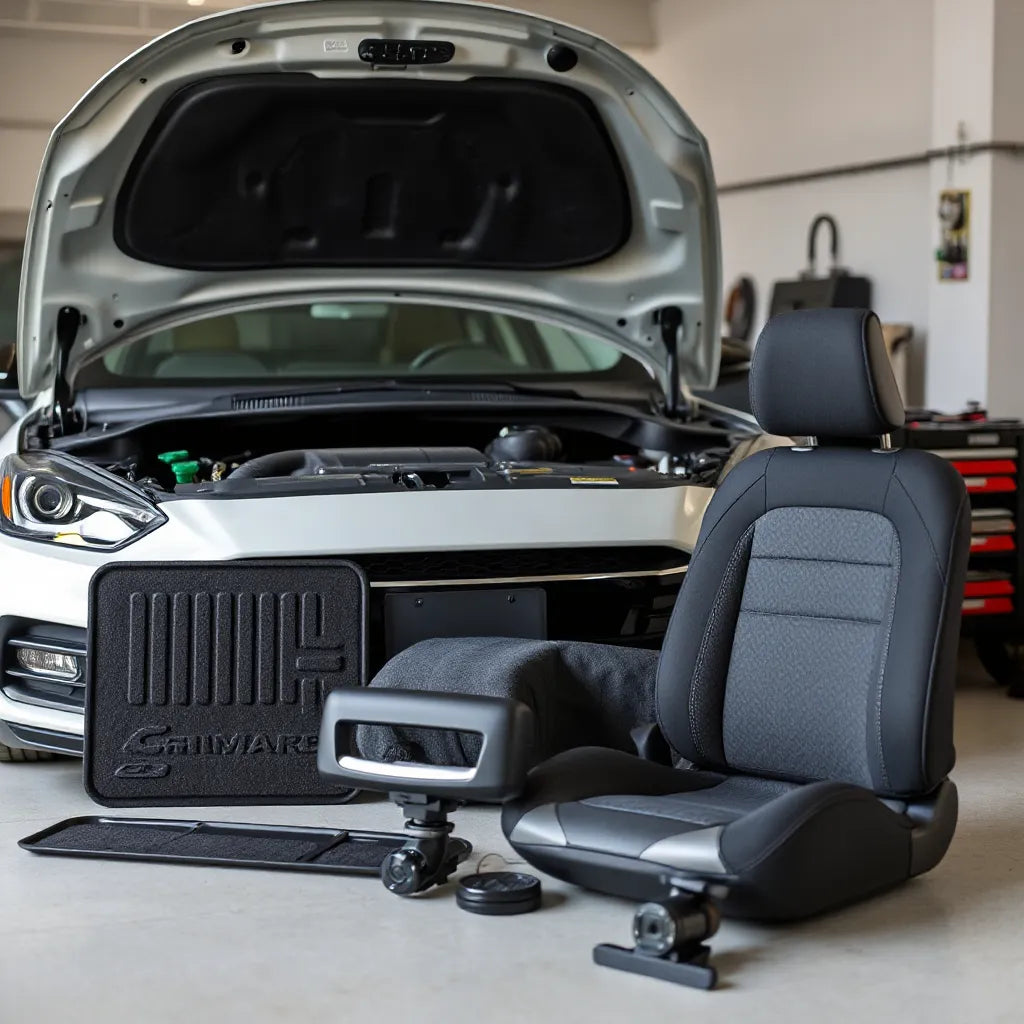 Premium automotive accessories arranged on a garage workbench beside a car hood