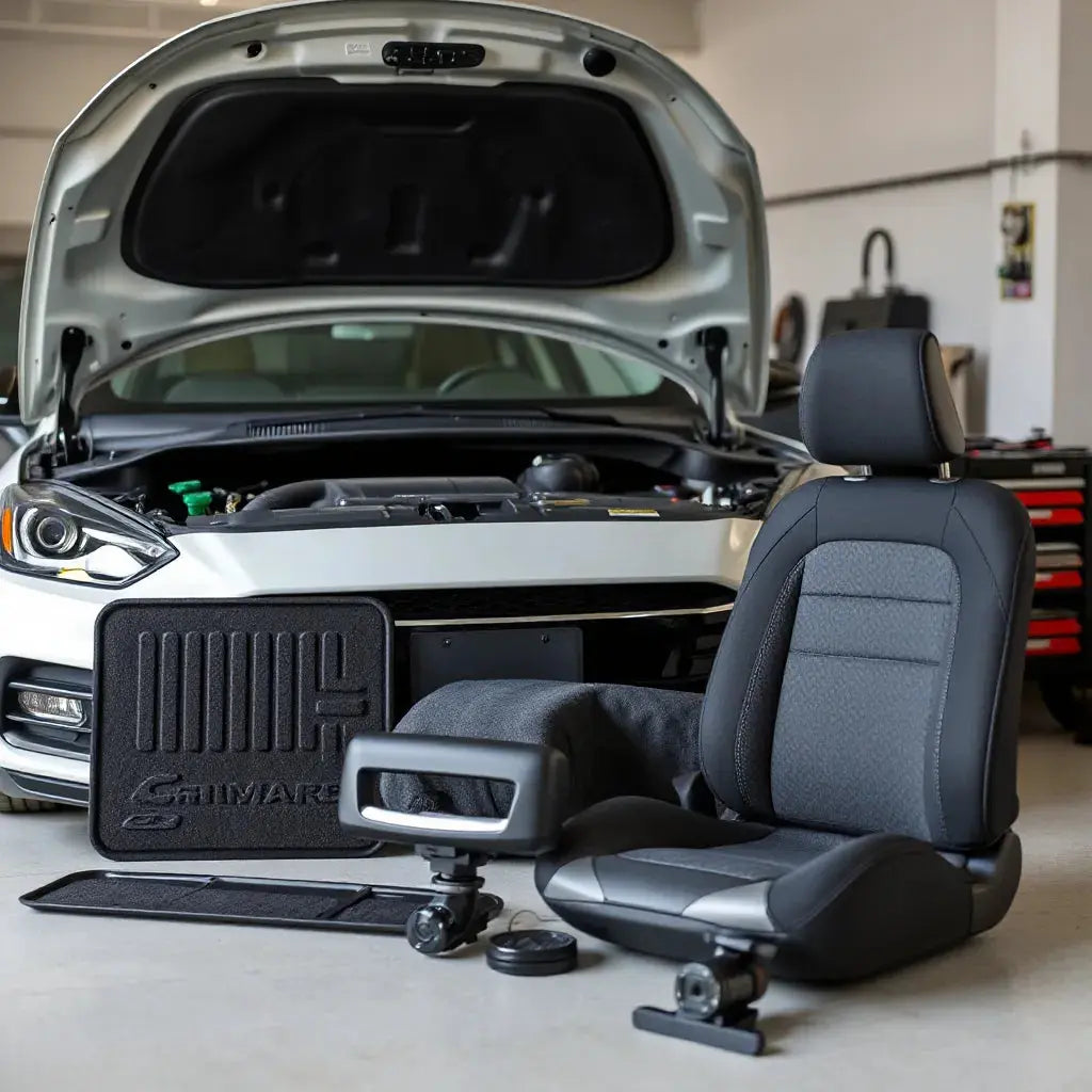 Premium automotive accessories arranged on a garage workbench beside a car hood