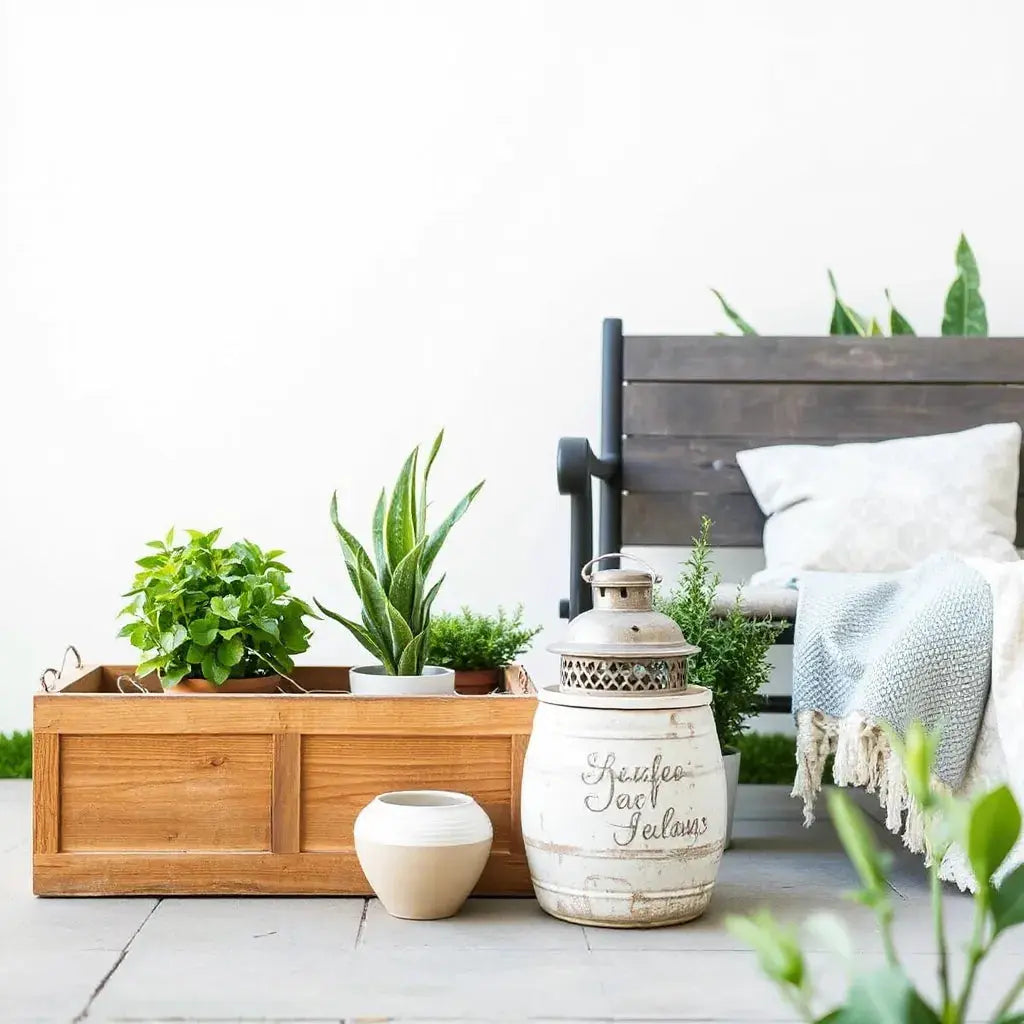 Small patio garden with inexpensive planters, lantern, and plants styled for a refreshed look
