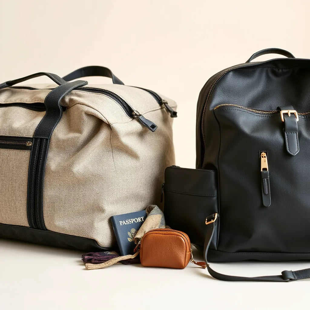 Two stylish travel bags on a neutral surface with small travel accessories and soft natural light