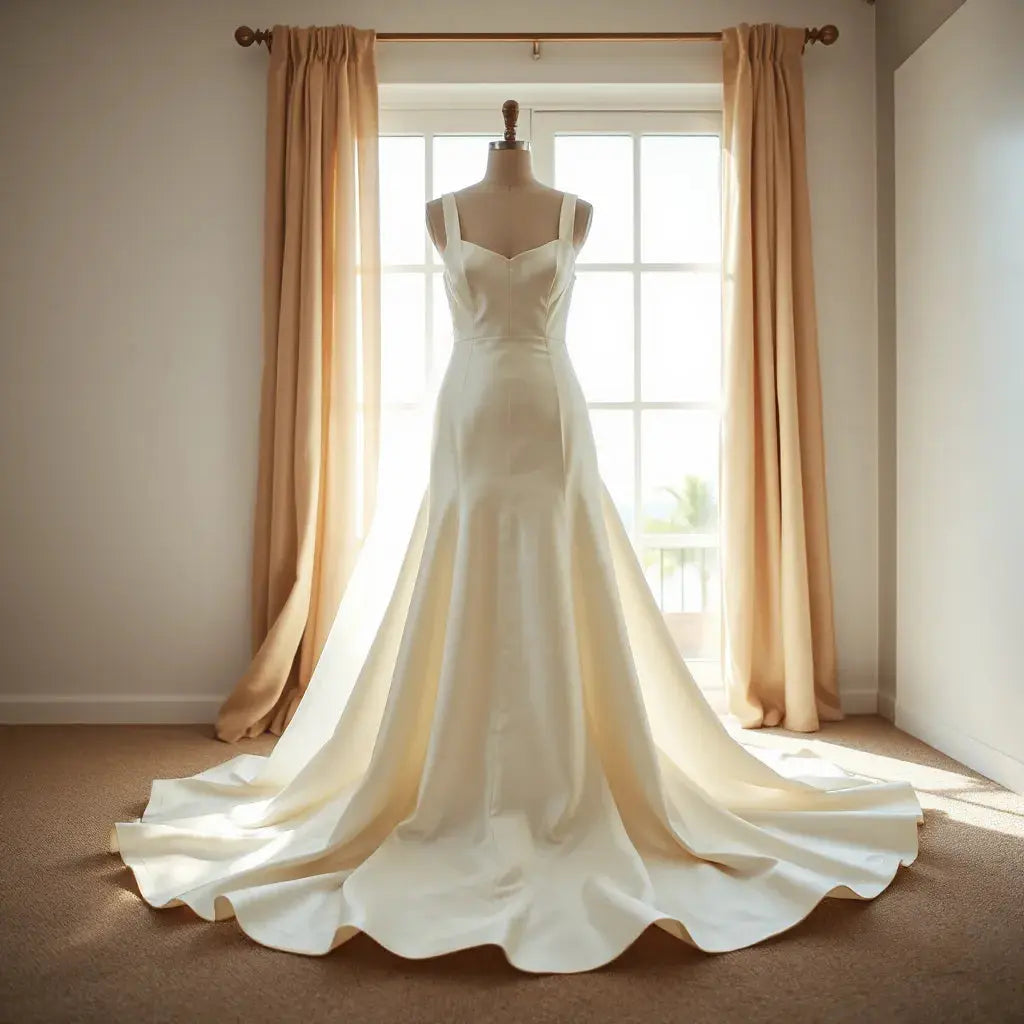 Satin destination bridal gown on a dress form with a soft coastal background and flowing skirt