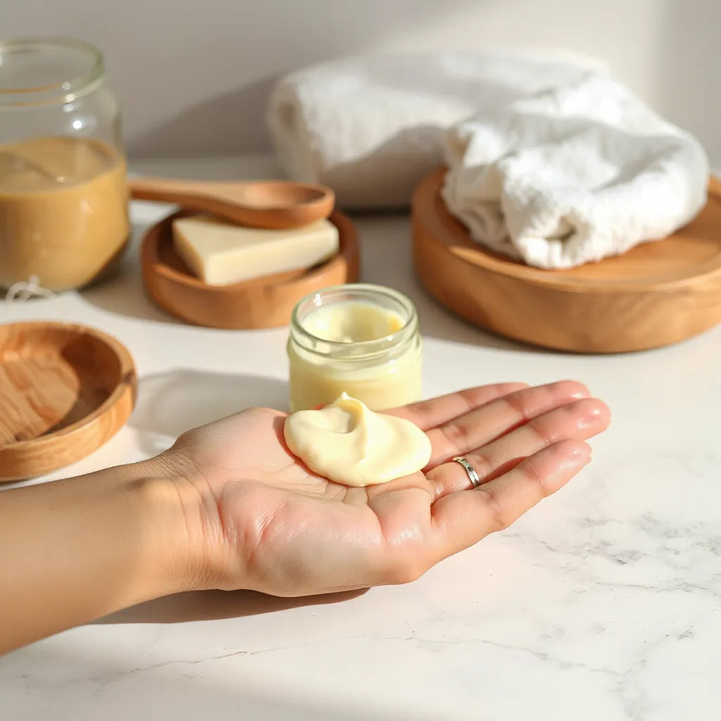 Jar of shea butter hand cream with a smooth dollop on a hand over a clean bathroom counter