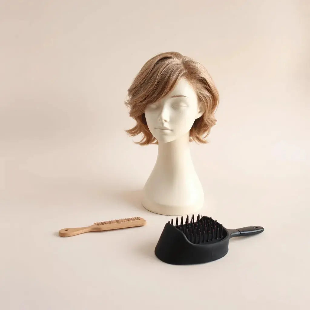 Mannequin wearing a natural wig with styling tools and a wig cap on a neutral surface