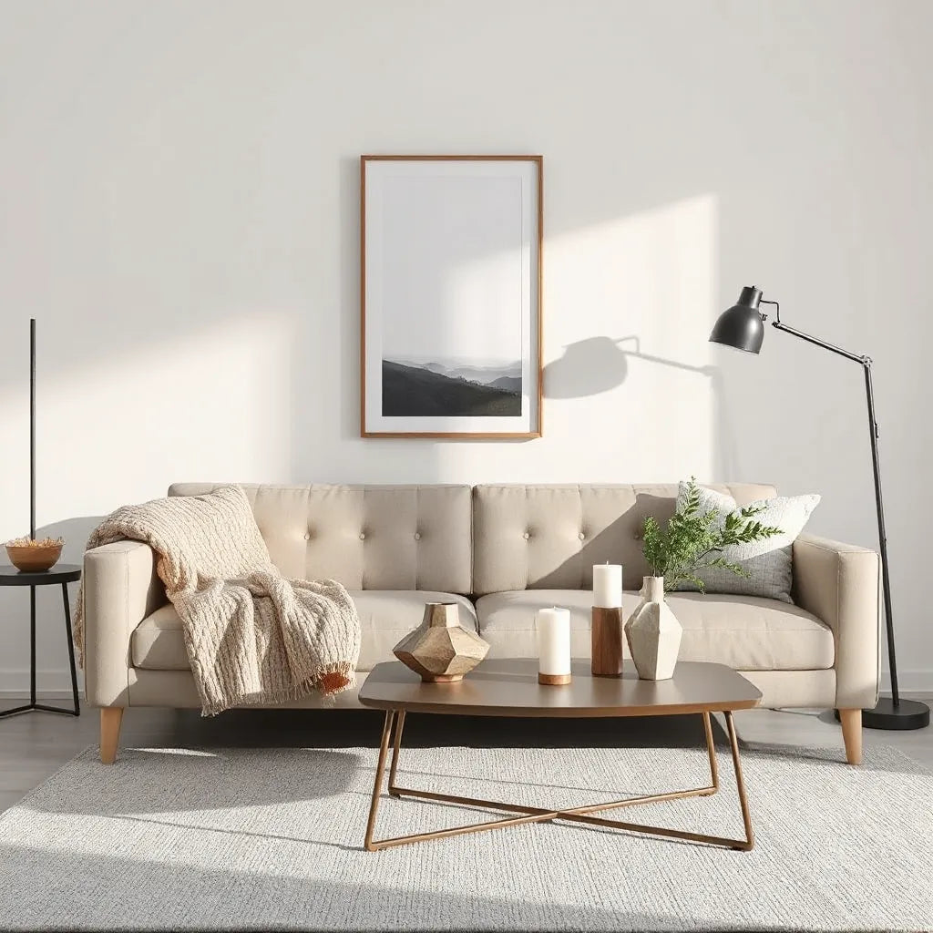 Modern living room with stylish vases, textured throw blanket, geometric wall art, and a floor lamp